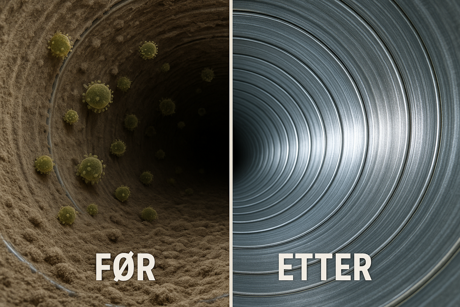 Før og etter ventilasjonsrens - skitten kanal til venstre, ren kanal til høyre